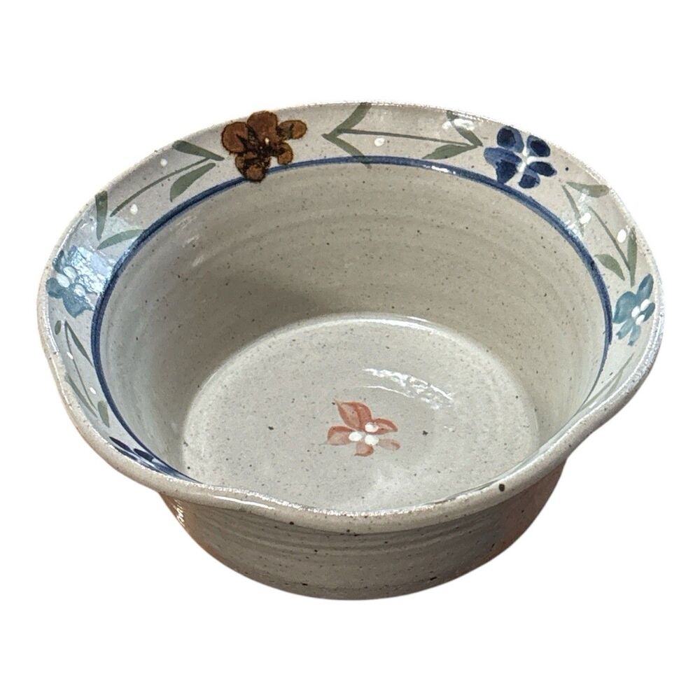 Vintage Studio Art Pottery Mixing Serving Bowl Speckled Stoneware Floral Rim 9”